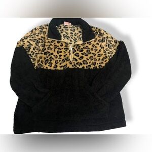 C+D+M Women’s Fleece‎ Leopard Sweatshirt Black Print 1/4 Zip Size Large